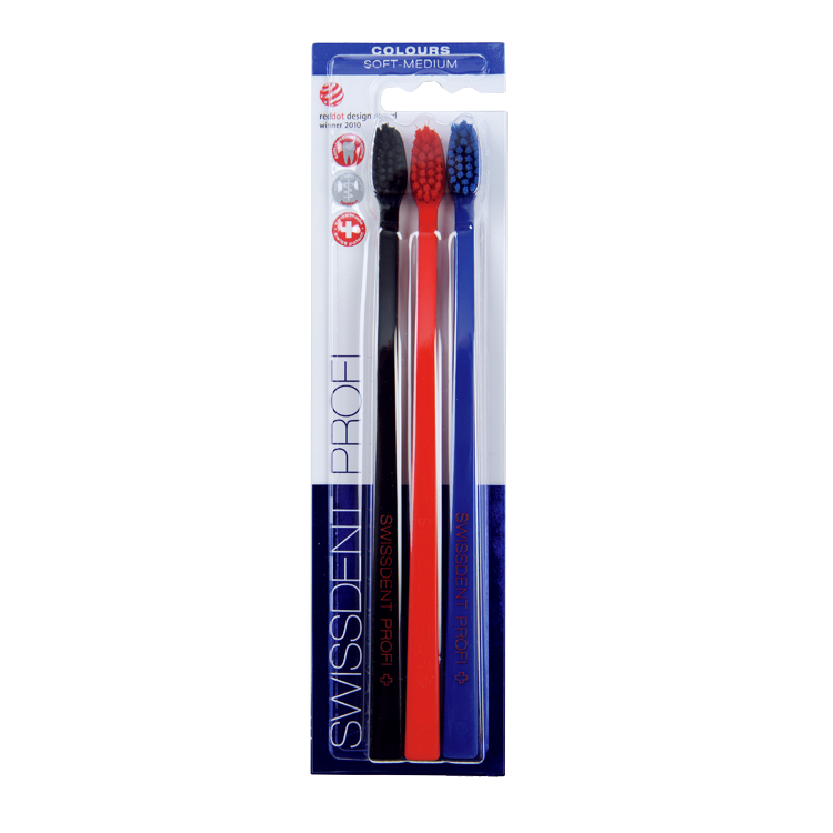 Swissdent PROFI Colors SOFT-MEDIUM käsihambaharjad (must, punane, sinine) – Kuva 3
