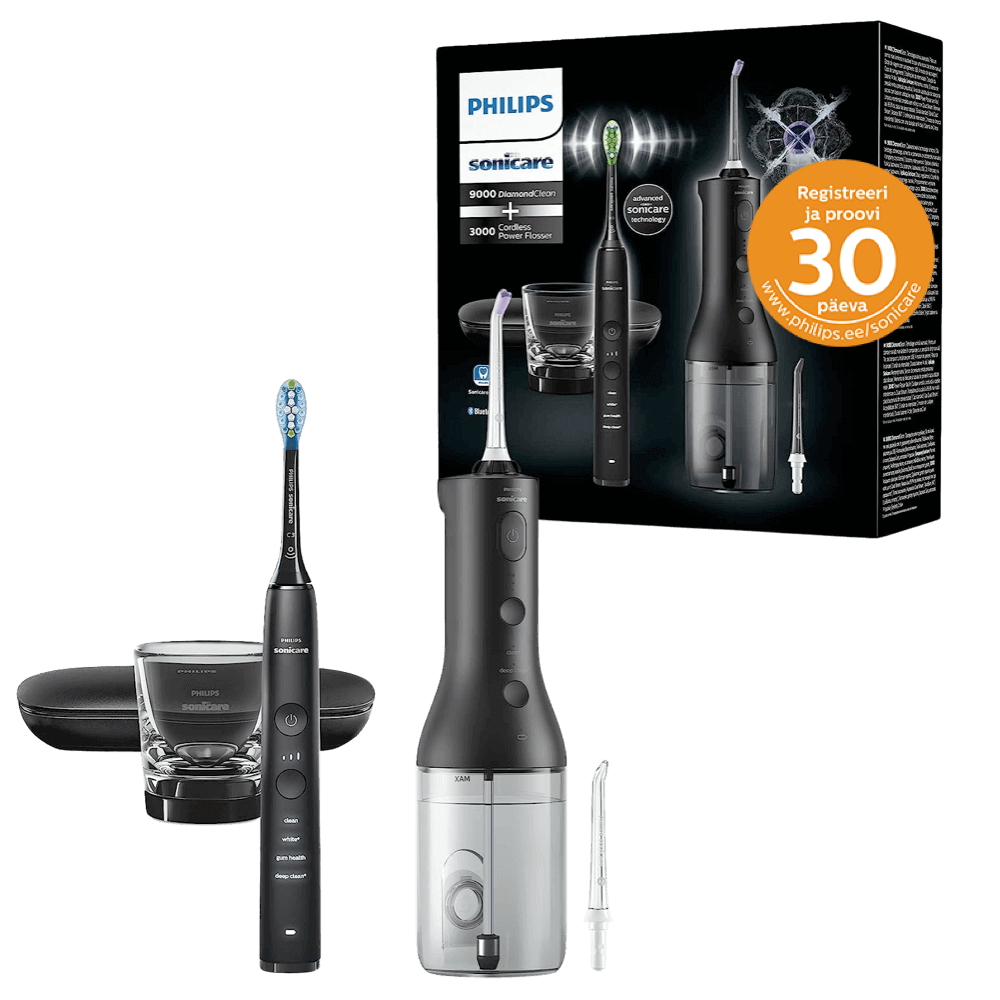 Philips Sonicare DiamondClean 9000 HX3886/43 -sähköhammasharja + Power Flosser 3000 -vesihammaslanka (MUSTA)