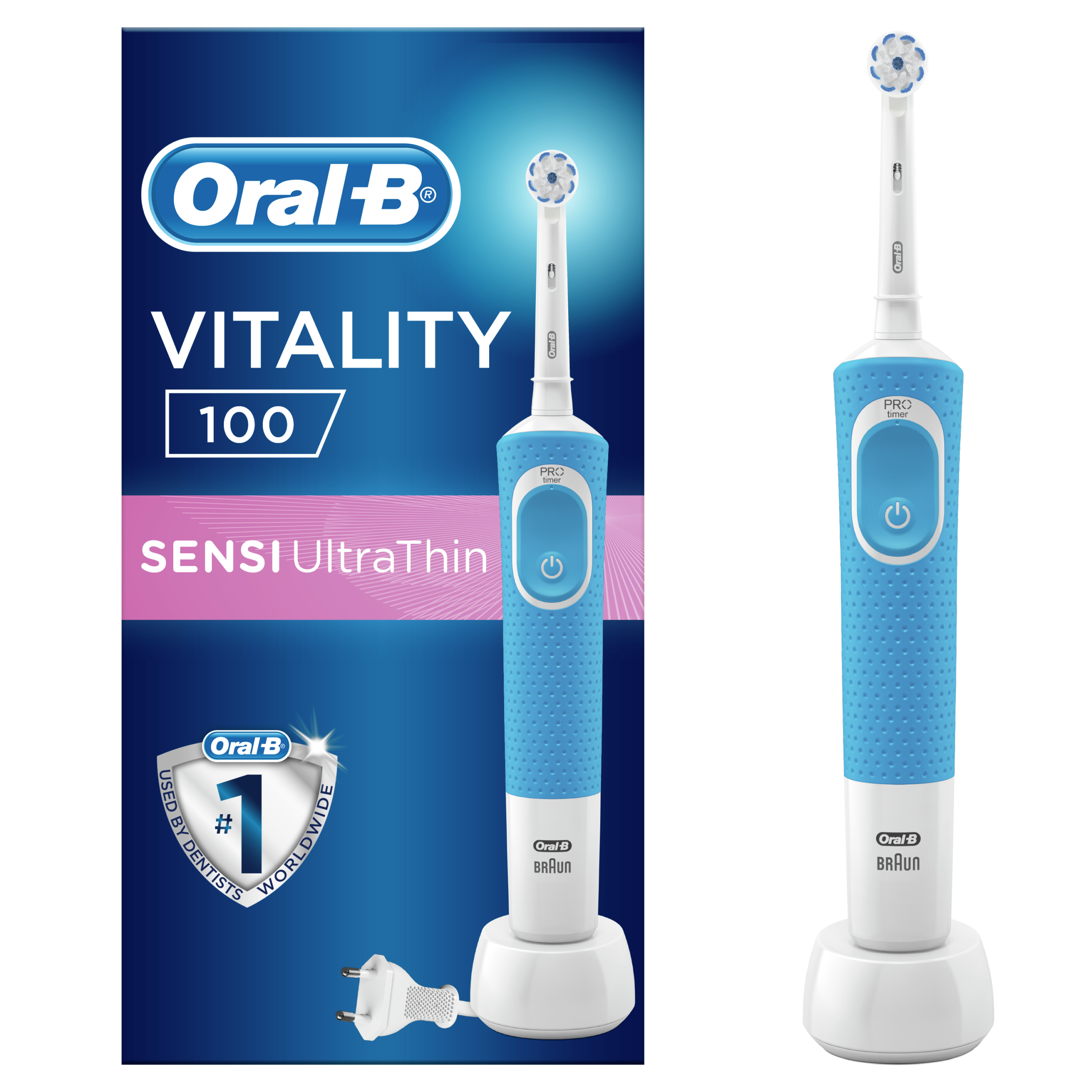 Oral-B Vitality 100 Sensitive UltraThin sähköhammasharja taimeri ja pehme harjapeaga (SININE)