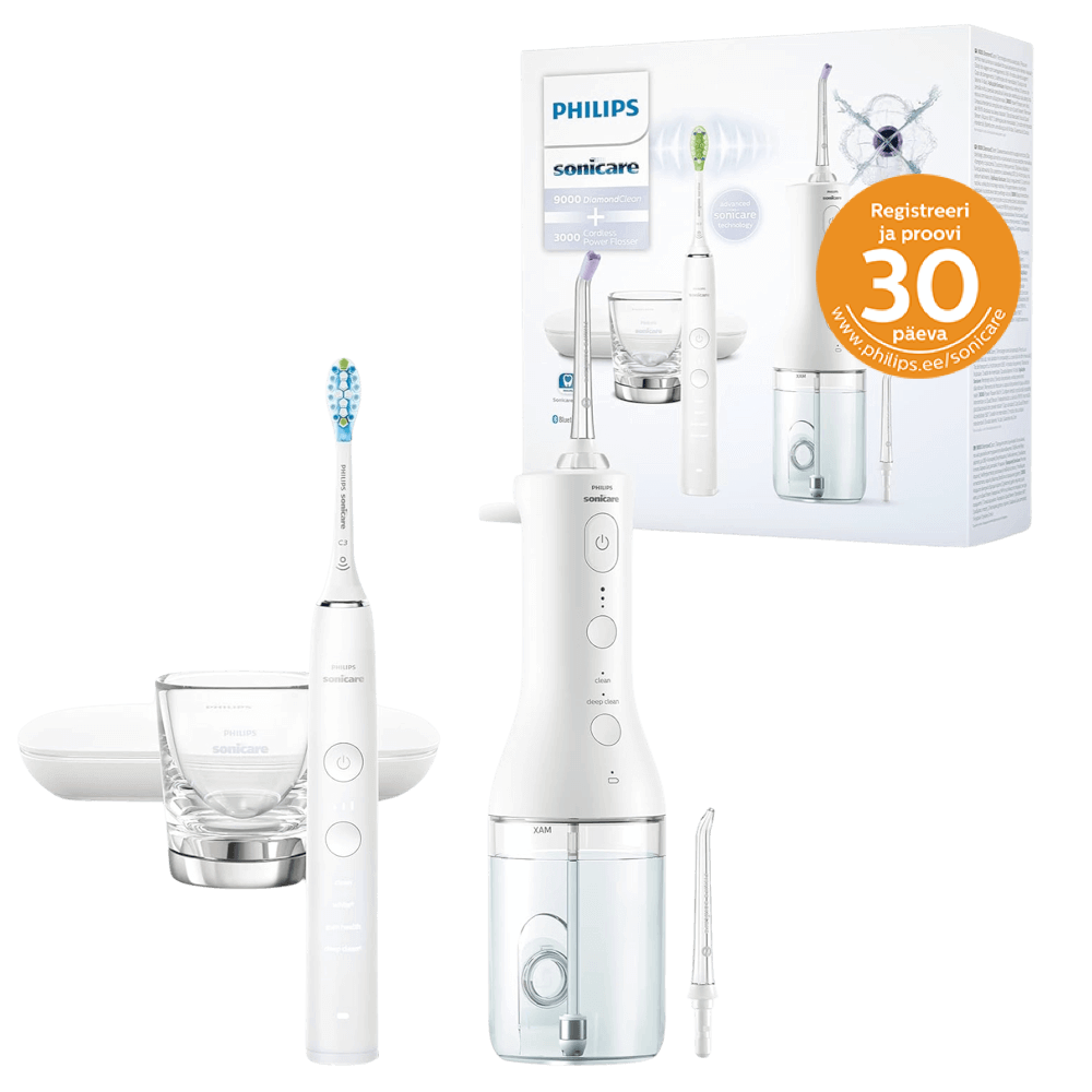 Philips Sonicare DiamondClean 9000 -sähköhammasharja HX3886/41 + Power Flosser 3000 -vesihammaslanka (valkoinen)