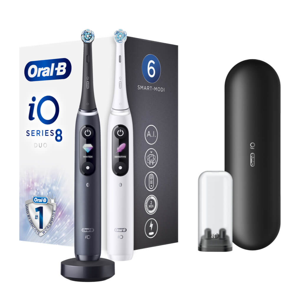 Oral-B iO8 -sähköhammasharjat Black Onyx / White Alabaster (2 hammasharjaa, 6 harjaustilaa, pikalaturi)