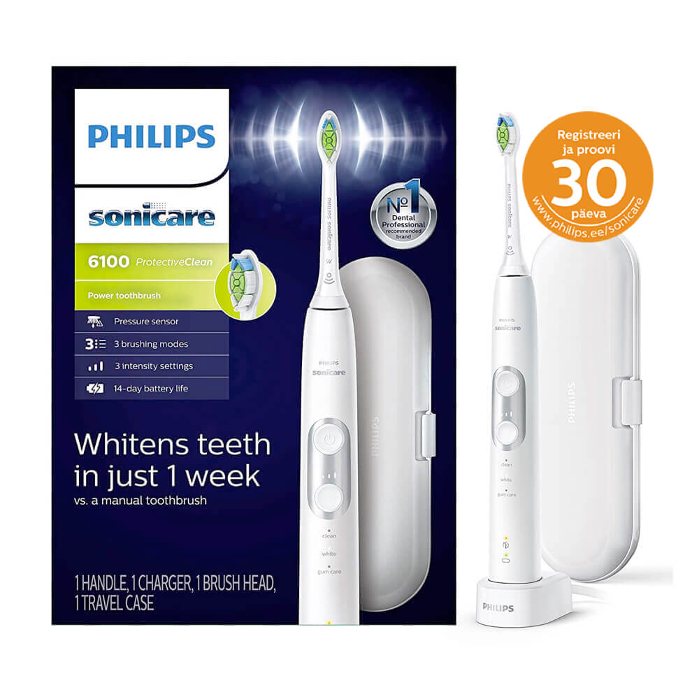 Philips Sonicare ProtectiveClean 6100 seeria VALGE (HX6877/28) - 3 režiimi, 1 otsik, surveandur + Reisivutlar