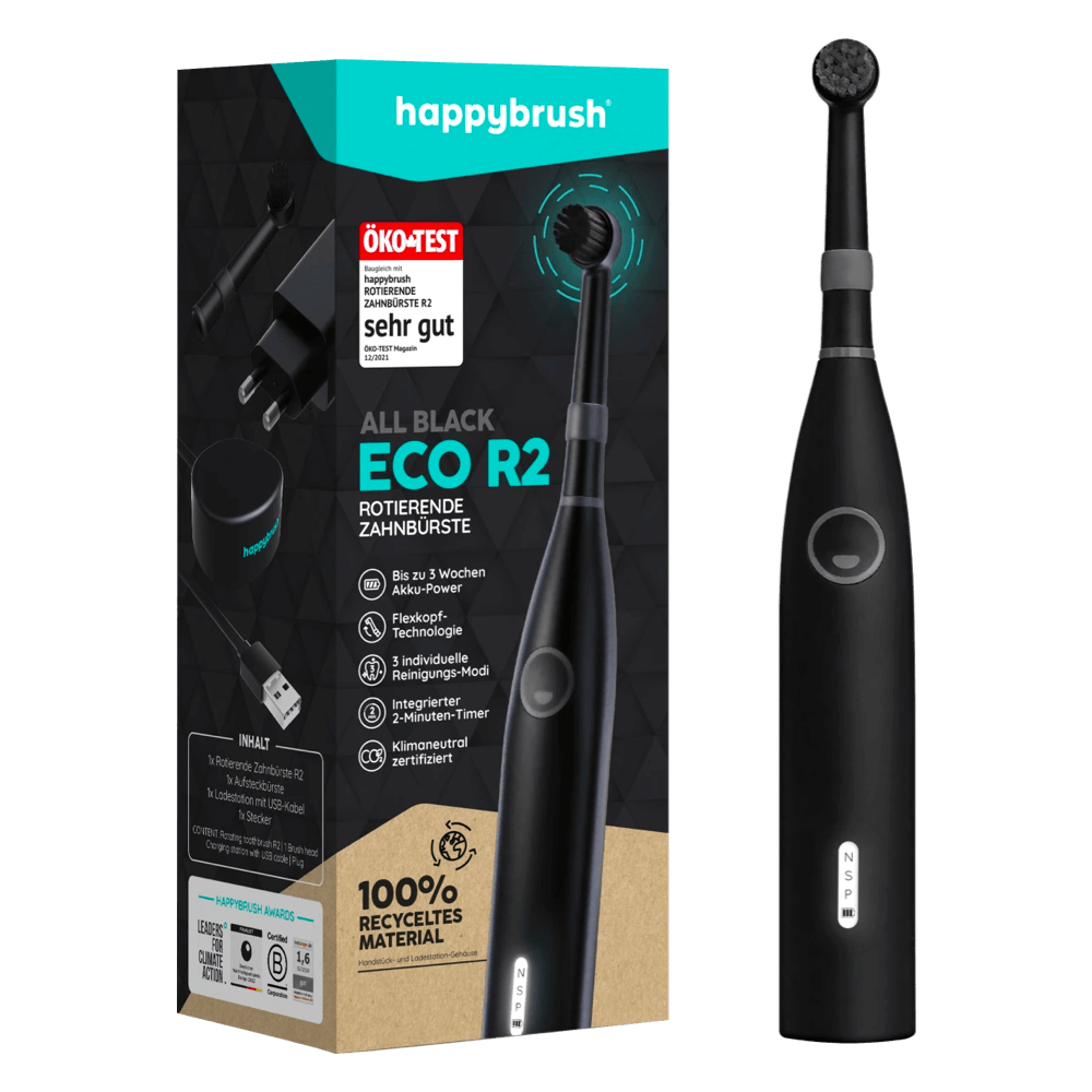 happybrush ECO R2 All Black -sähköhammasharja (pyörivä, 3 tilaa)