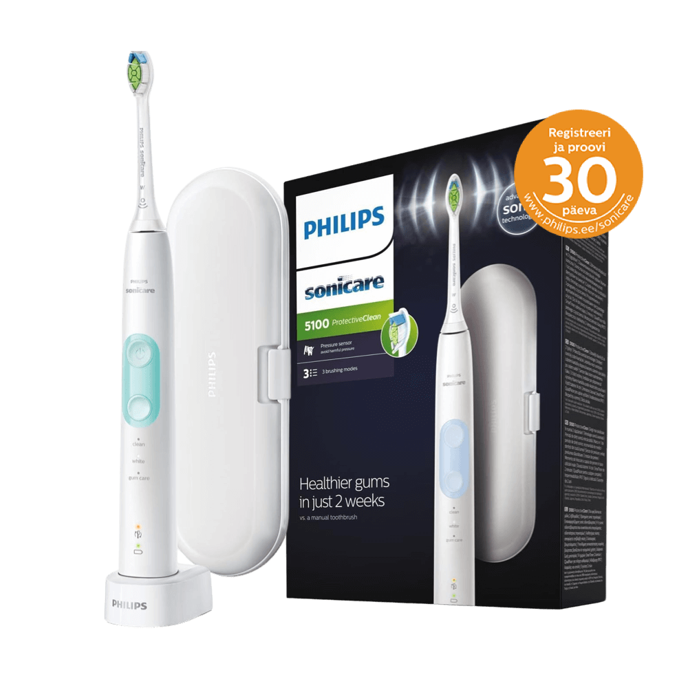 Philips Sonicare ProtectiveClean 5100 seeria VALGE (HX6857/28) 3 režiimi, 1 harjapea, surveandur + Reisivutlar